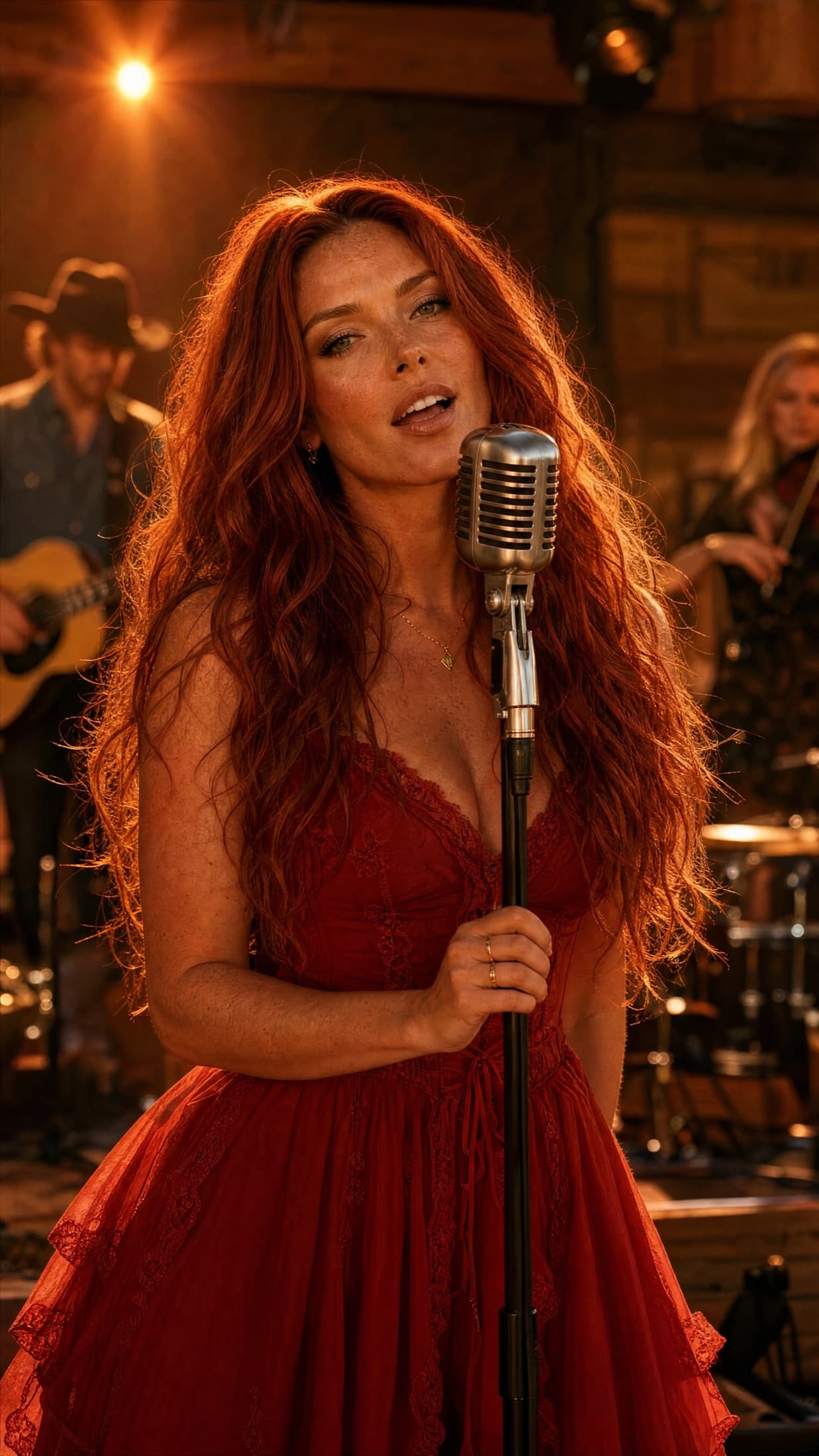 Vada Hollis on stage with her band, red dress, stage lighting